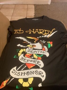 Ed Hardy Black Long Sleeve Tee with Multicolor Tattoo Graphic